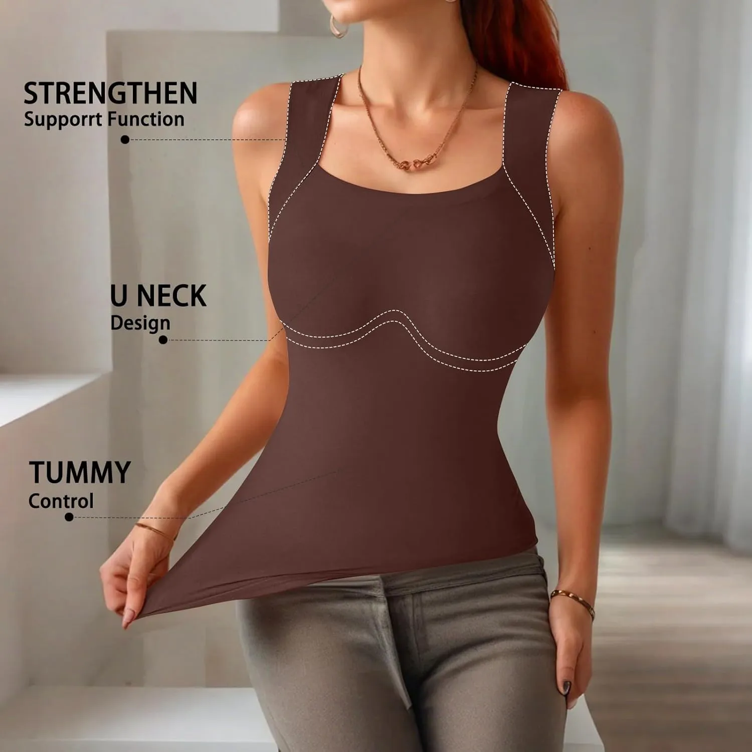 Tank Top with Built in Bra for Women Sleeveless U Neck Shapewear High Strechy Slim Fit Camisole Workout Tops