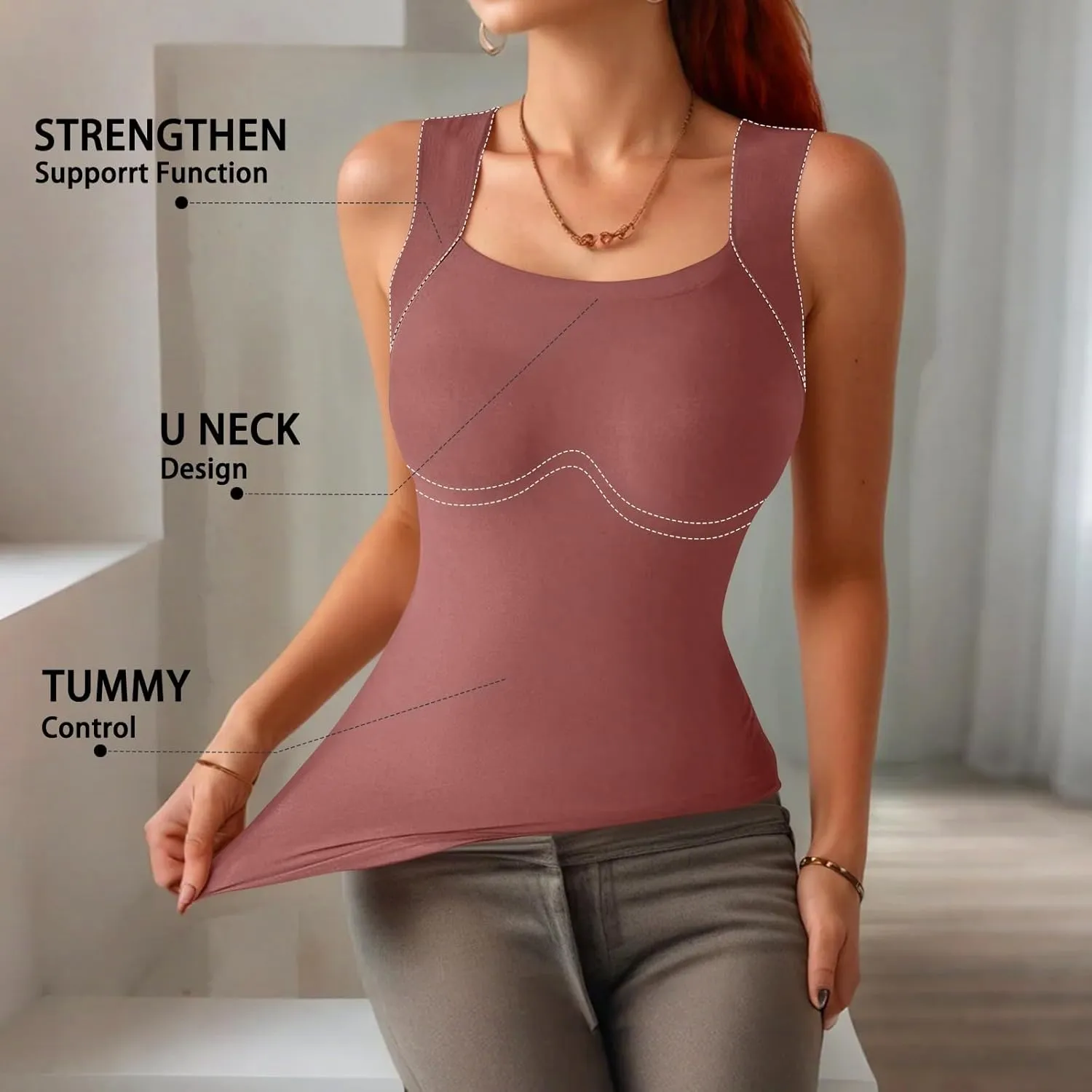 Tank Top with Built in Bra for Women Sleeveless U Neck Shapewear High Strechy Slim Fit Camisole Workout Tops