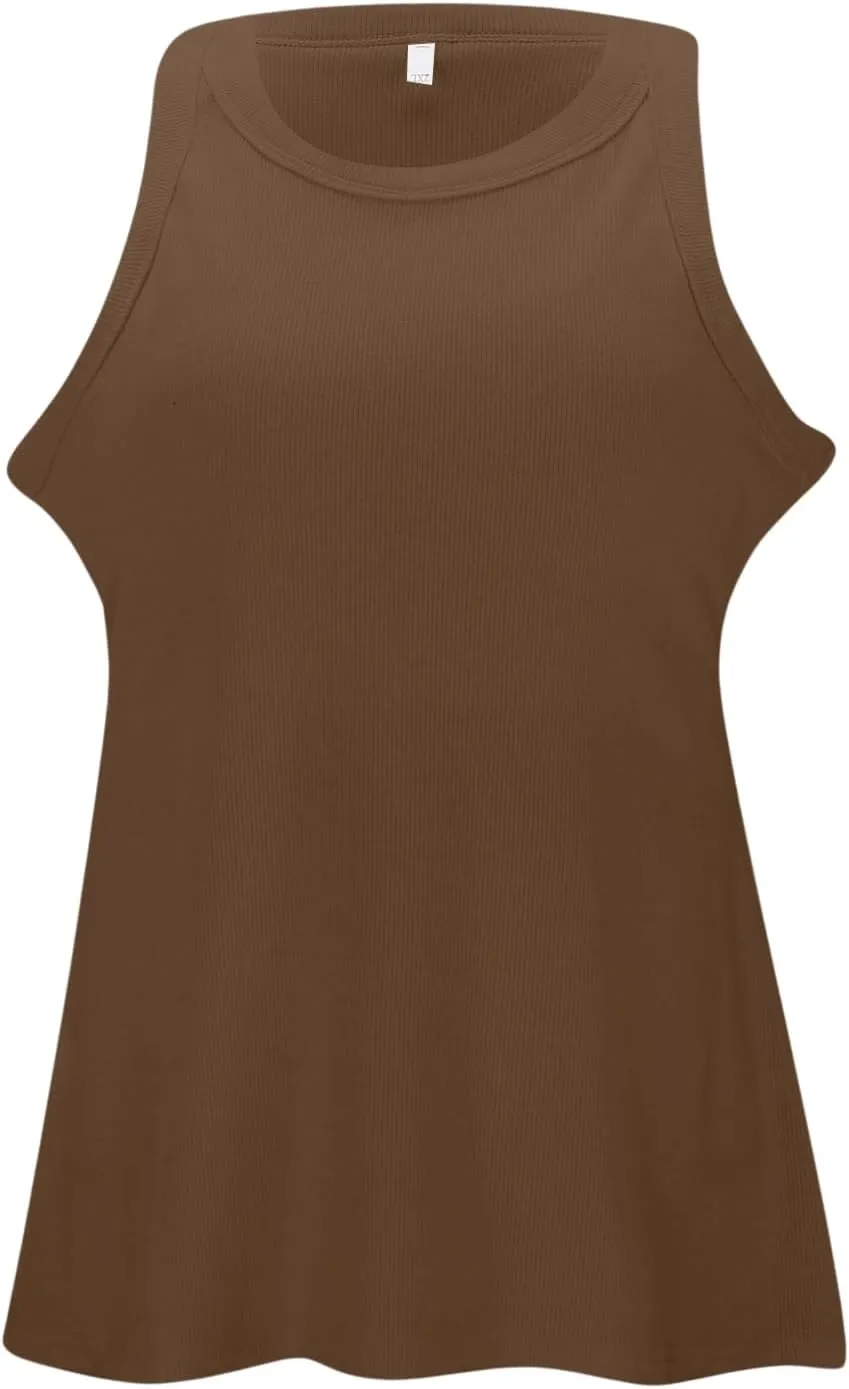 Tank Tops with Built in Bras Round Neck Ribbed Tank Top with Bra Pads Loose Casual Workout Tank Tops for Women