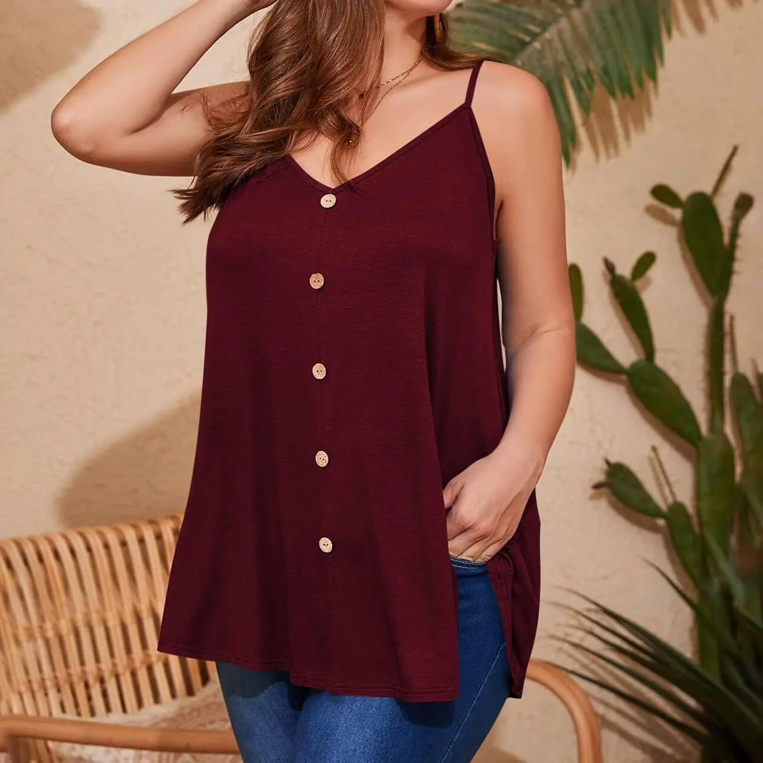TARIENDY Plus Size Tank Top for Women Loose Casual Summer Flowy Cami Tops Button Lightweight Plain Sleeveless V Neck Shirts