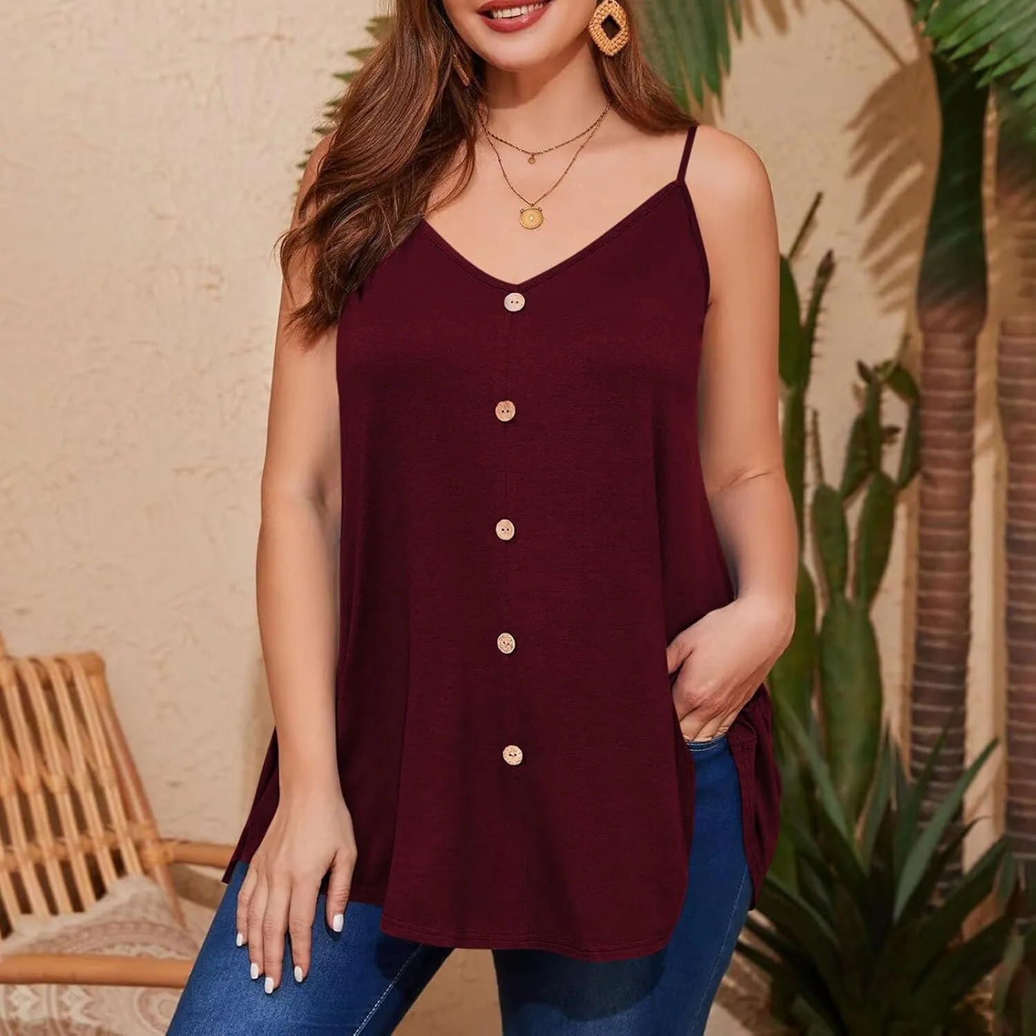 TARIENDY Plus Size Tank Top for Women Loose Casual Summer Flowy Cami Tops Button Lightweight Plain Sleeveless V Neck Shirts