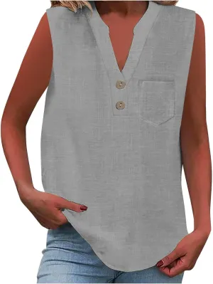 TARIENDY Tank Top for Women Loose Fit V Neck Sleeveless Shirts Trendy 2025 Button Down Beach Vacation Outfits with Pocket