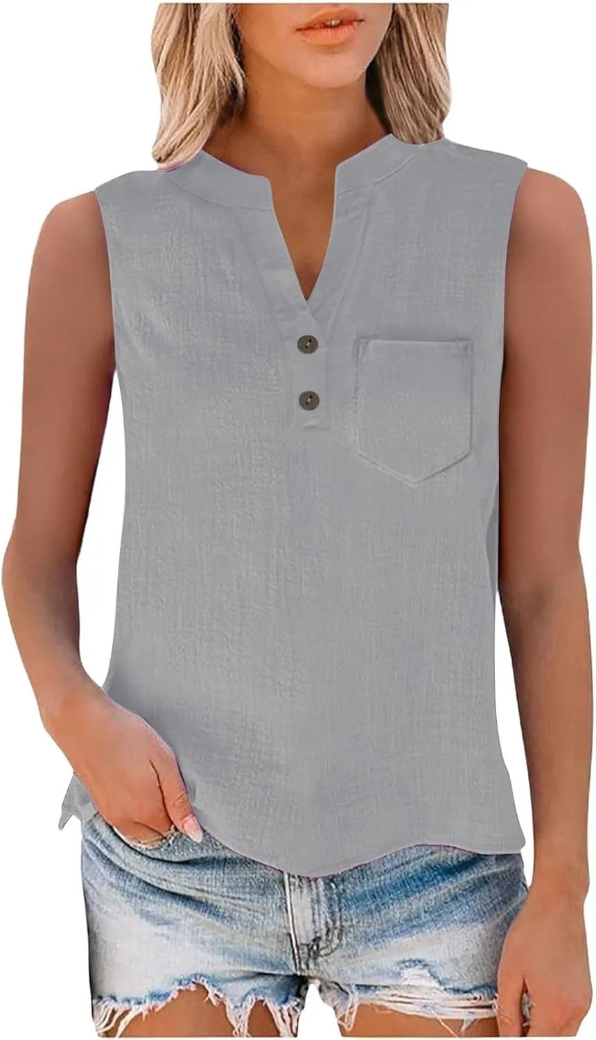 TARIENDY Tank Top for Women Loose Fit V Neck Sleeveless Shirts Trendy 2025 Button Down Beach Vacation Outfits with Pocket
