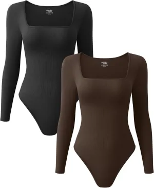 TOB Women's 2 Piece Bodysuits Sexy Ribbed One Piece Long Sleeve Square Neck Bodysuits