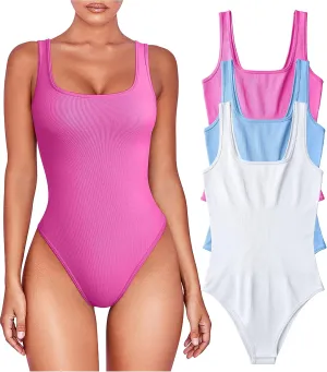 TOB Women's 3 Piece Bodysuits Sexy Ribbed Sleeveless Square Neck Shapewear Bodysuits