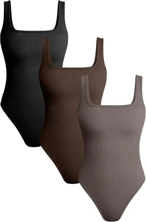 TOB Women's 3 Piece Bodysuits Sexy Ribbed Square Neck Sleeveless Tank Tops Bodysuits