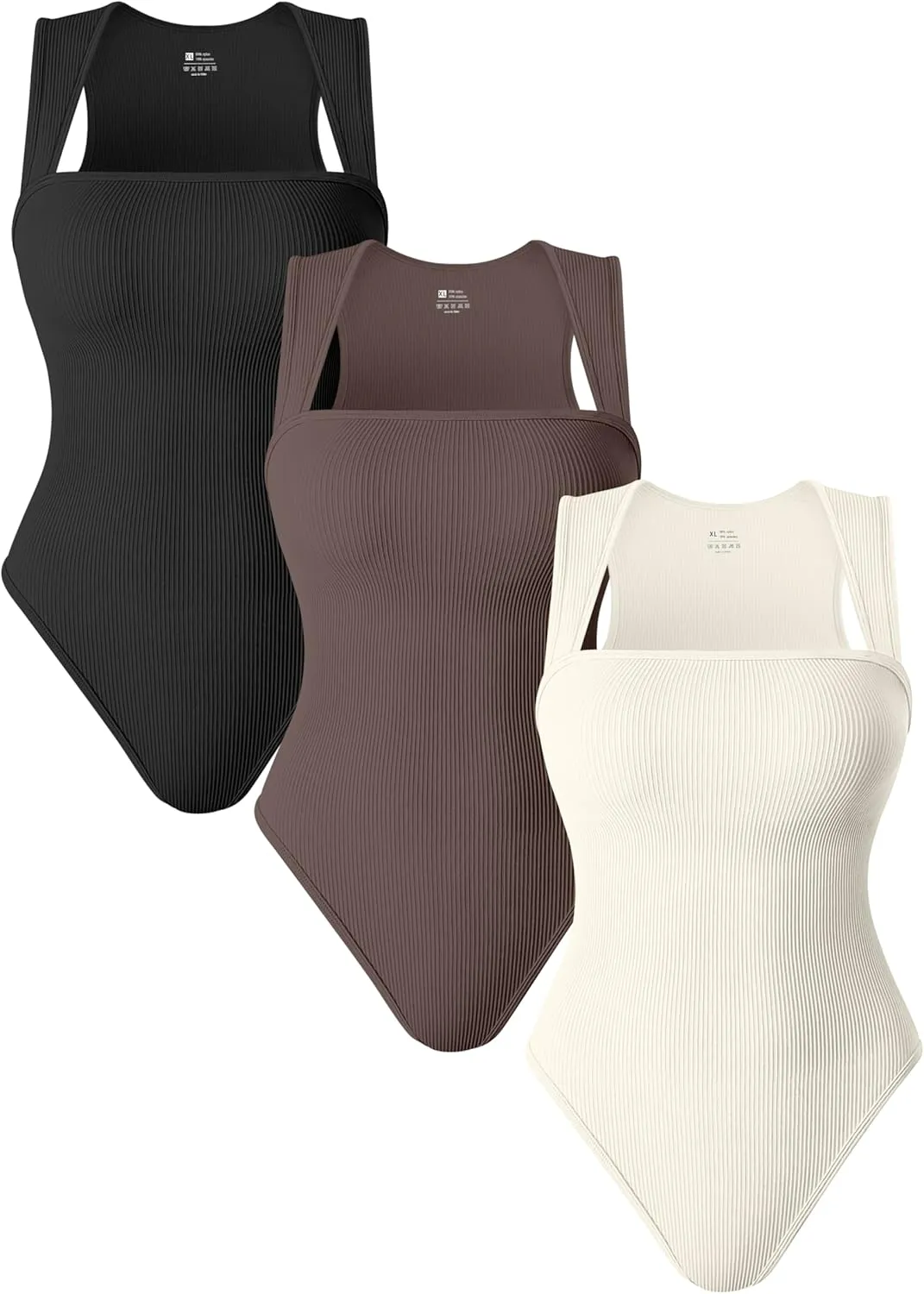 TOB Women's 3 Piece Bodysuits Sexy Ribbed Strappy Square Neck Sleeveless Shapewear Bodysuits