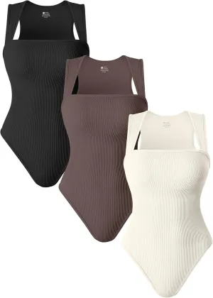 TOB Women's 3 Piece Bodysuits Sexy Ribbed Strappy Square Neck Sleeveless Shapewear Bodysuits