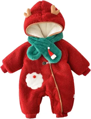 Toddler Baby Xmas Fu𝐫 Fleece Jumpsuit Newborn New Years Cute Santa Print Long Sleeve Furry Romper Fall Winter