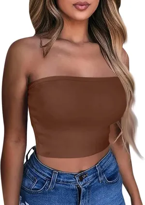 Tube Tops for Women with Built in Bra Summer Strapless Slim Fit Crop Tops Double Lined Sleeveless Crop Tank