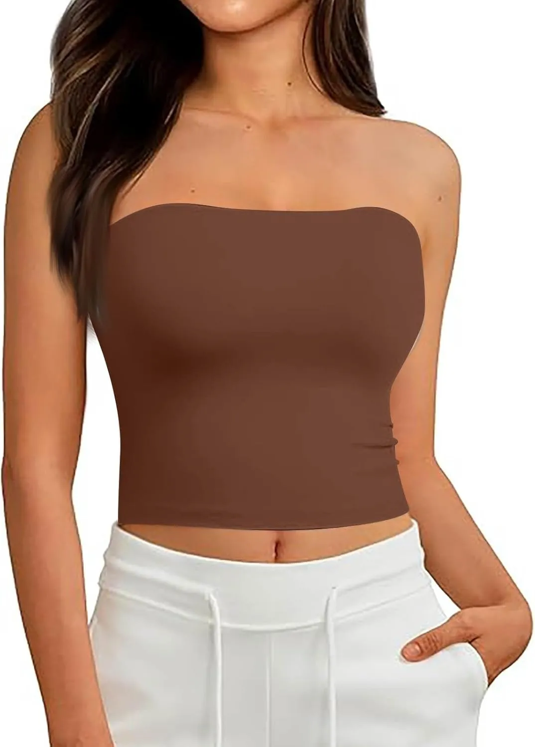 Tube Tops for Women with Built in Bra Summer Strapless Slim Fit Crop Tops Double Lined Sleeveless Crop Tank