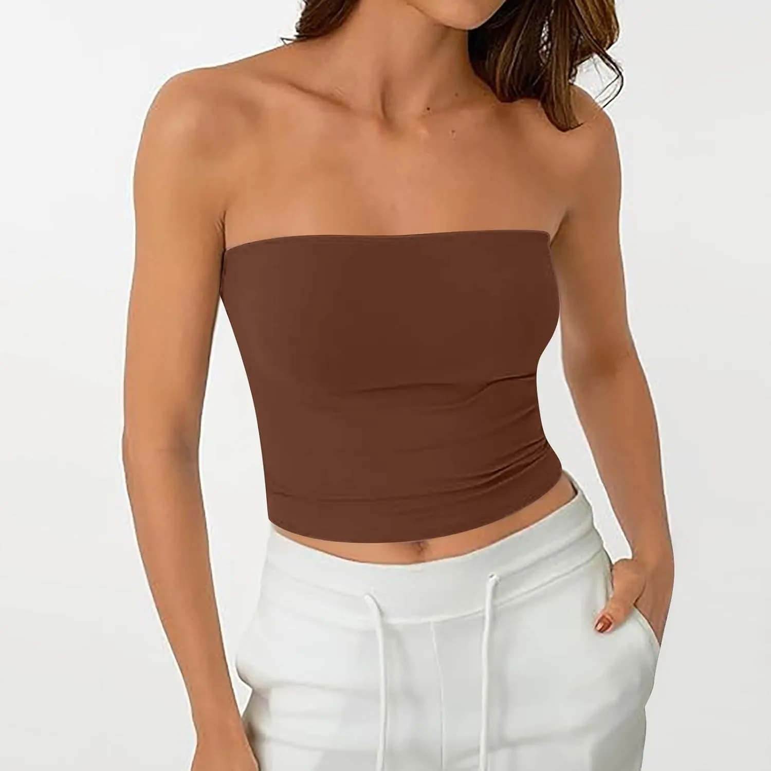 Tube Tops for Women with Built in Bra Summer Strapless Slim Fit Crop Tops Double Lined Sleeveless Crop Tank