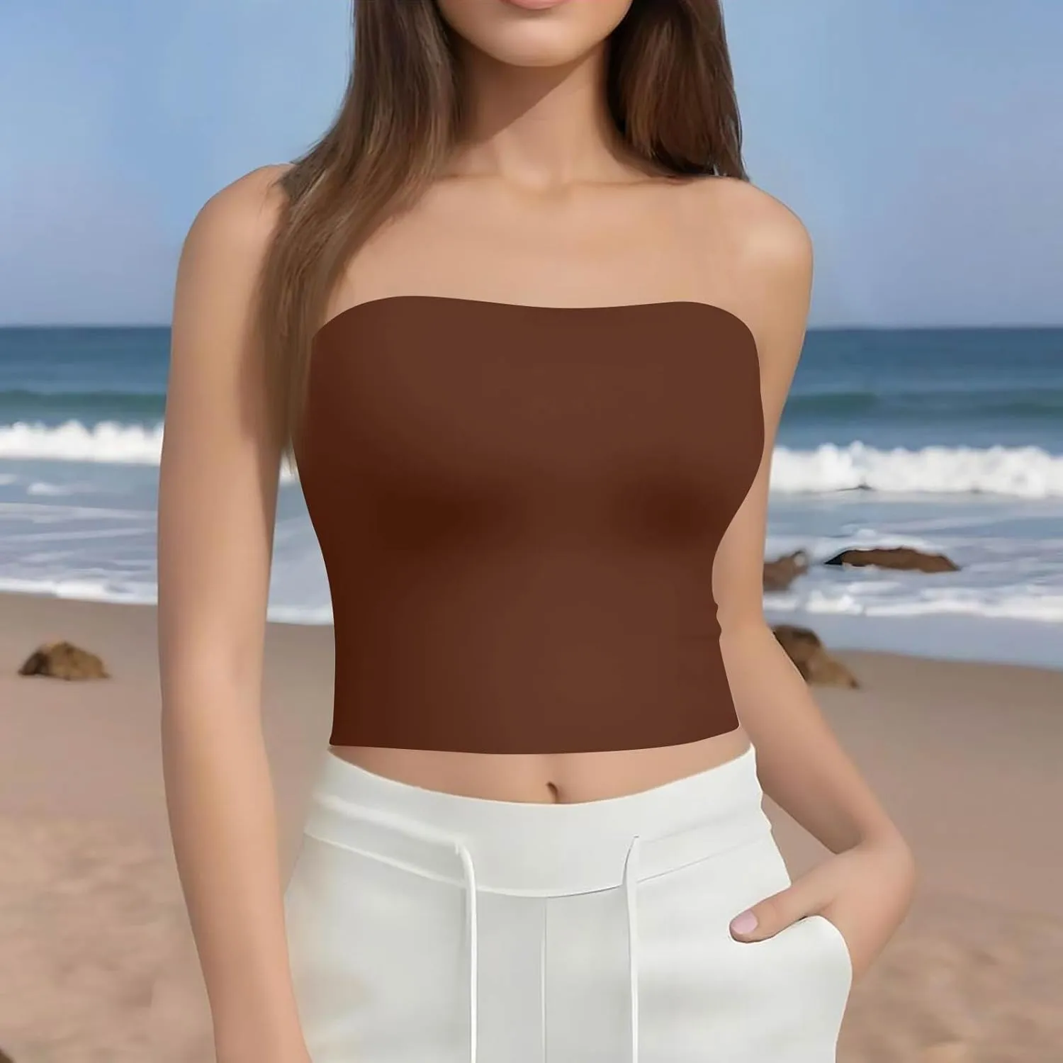 Tube Tops for Women with Built in Bra Summer Strapless Slim Fit Crop Tops Double Lined Sleeveless Crop Tank