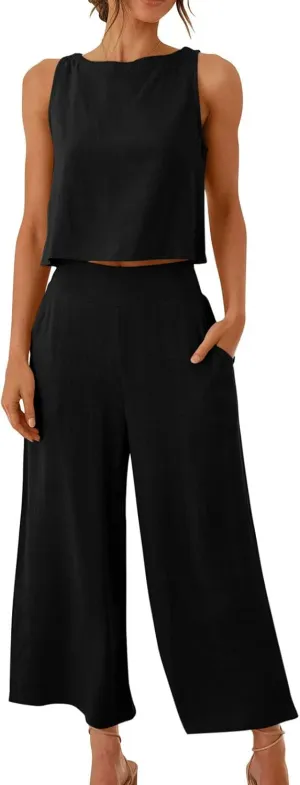 Two Piece Linen Sets for Women Pants Casual Dressy Outfit Sleeveless Crop Tank Wide Leg Pants Sets Matching Loungewear