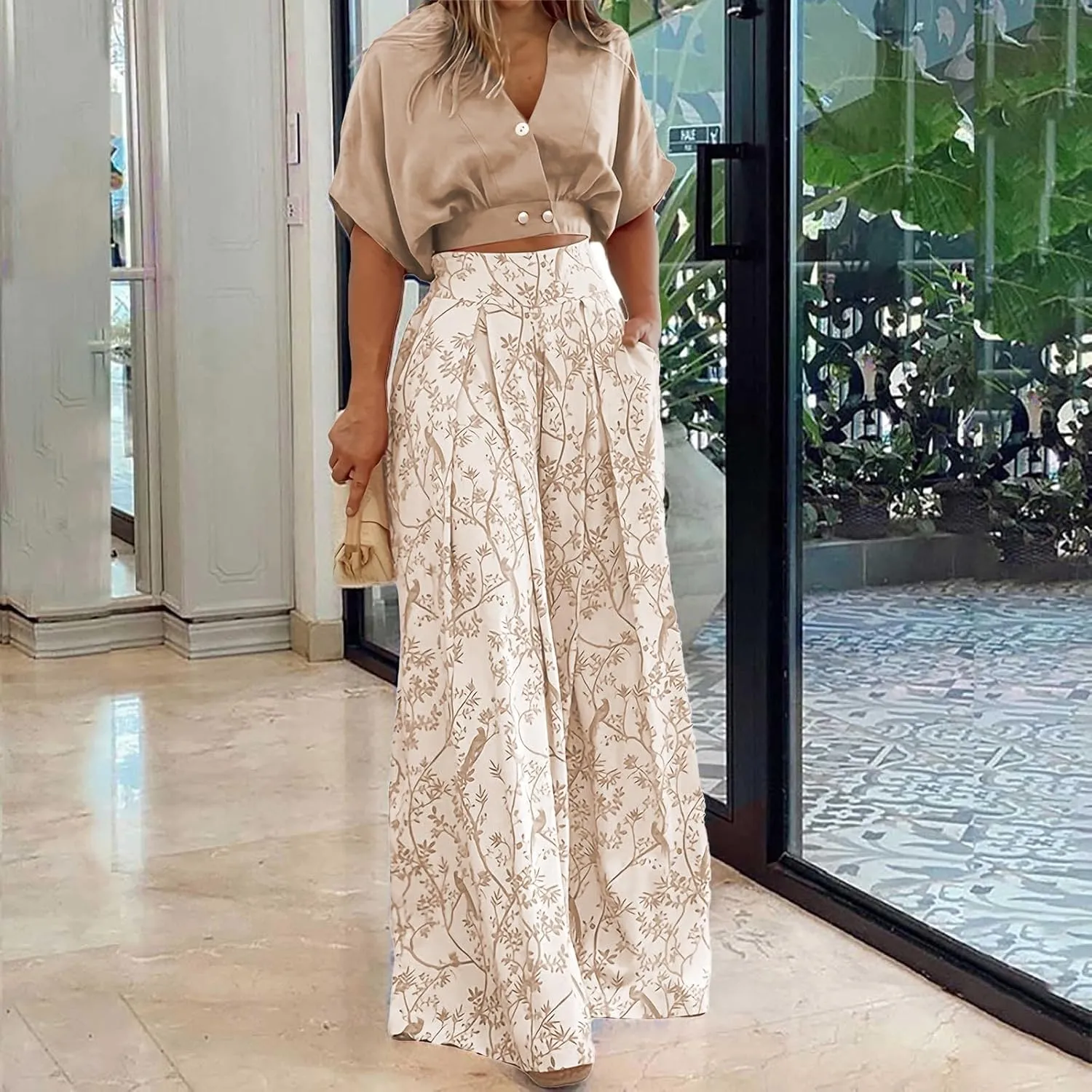 Two Piece Sets for Women Summer Short Sleeve V Neck Sexy Crop Tops Matching Print Wide Leg Pants Set Lounge Sets