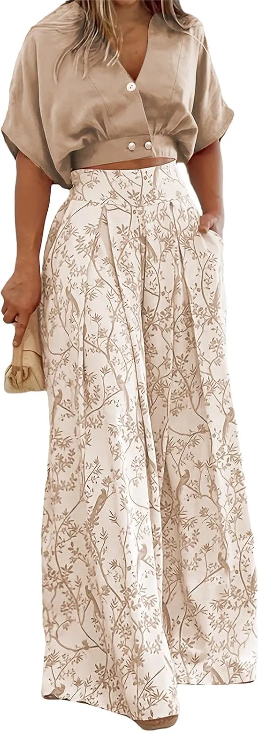 Two Piece Sets for Women Summer Short Sleeve V Neck Sexy Crop Tops Matching Print Wide Leg Pants Set Lounge Sets