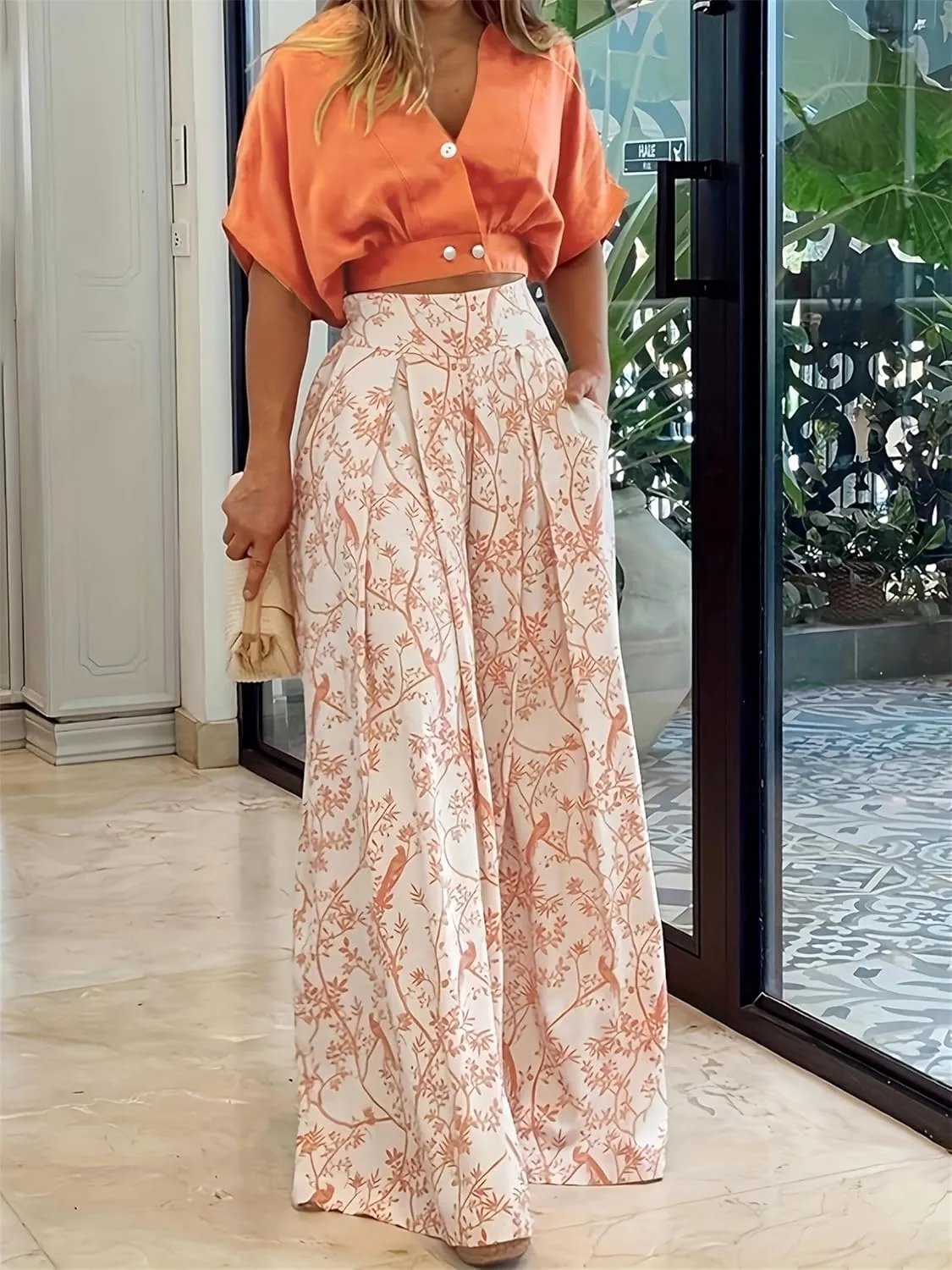 Two Piece Summer Sets for Women Floral Outfits Short Sleeve Crop Tops and Wide Leg Boho Pants Sets Vacation Clothes