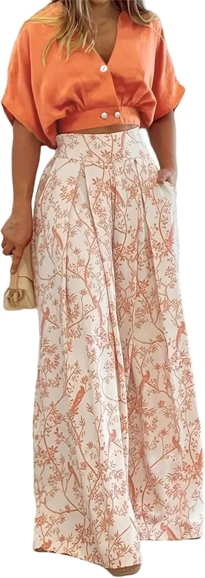 Two Piece Summer Sets for Women Floral Outfits Short Sleeve Crop Tops and Wide Leg Boho Pants Sets Vacation Clothes
