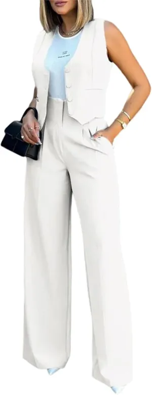 Vest Pants Suits for Women Sleeveless Suit Vest and Wide Leg Pants Business Casual Blazer Sets Suit Matching Sets