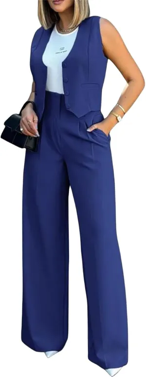 Vest Pants Suits for Women Sleeveless Suit Vest and Wide Leg Pants Business Casual Blazer Sets Suit Matching Sets