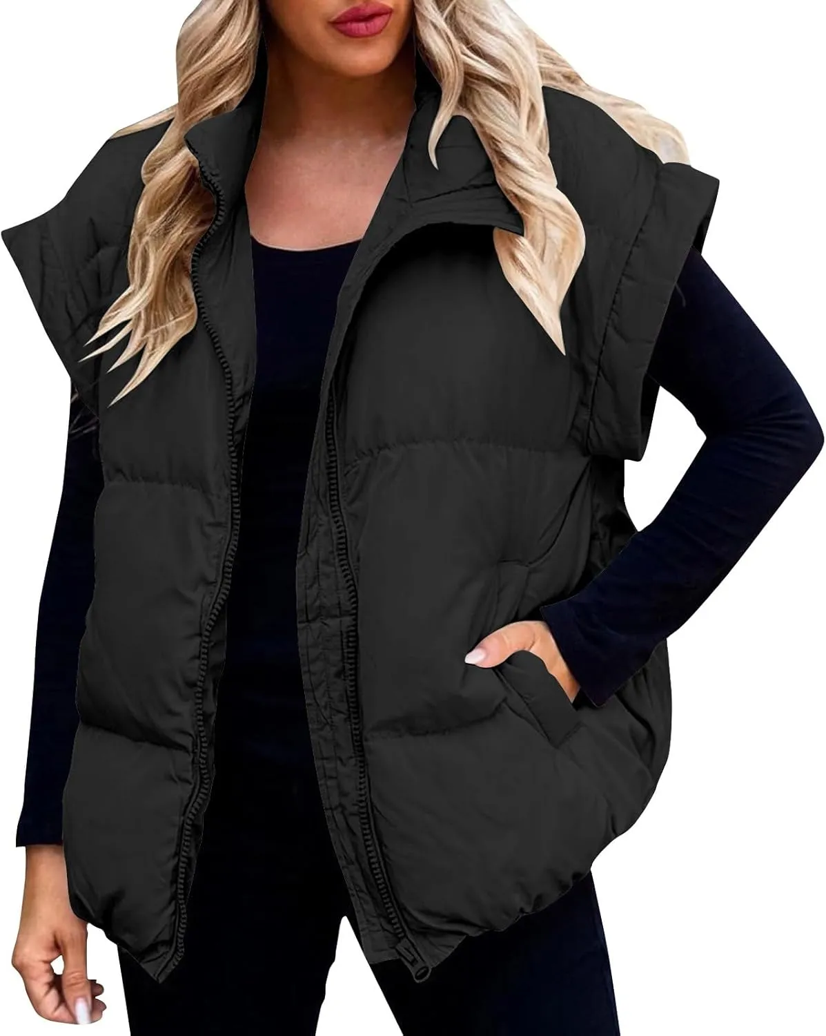 Vests For Women 2024 Trendy Fall Crop Puffer Vests Outerwear Plus Size Cap Sleeve Quilted Jacket Winter Coats