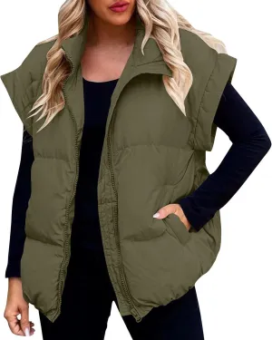 Vests For Women 2024 Trendy Fall Crop Puffer Vests Outerwear Plus Size Cap Sleeve Quilted Jacket Winter Coats