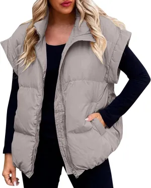 Vests For Women 2024 Trendy Fall Crop Puffer Vests Outerwear Plus Size Cap Sleeve Quilted Jacket Winter Coats