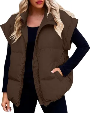 Vests For Women 2024 Trendy Fall Crop Puffer Vests Outerwear Plus Size Cap Sleeve Quilted Jacket Winter Coats