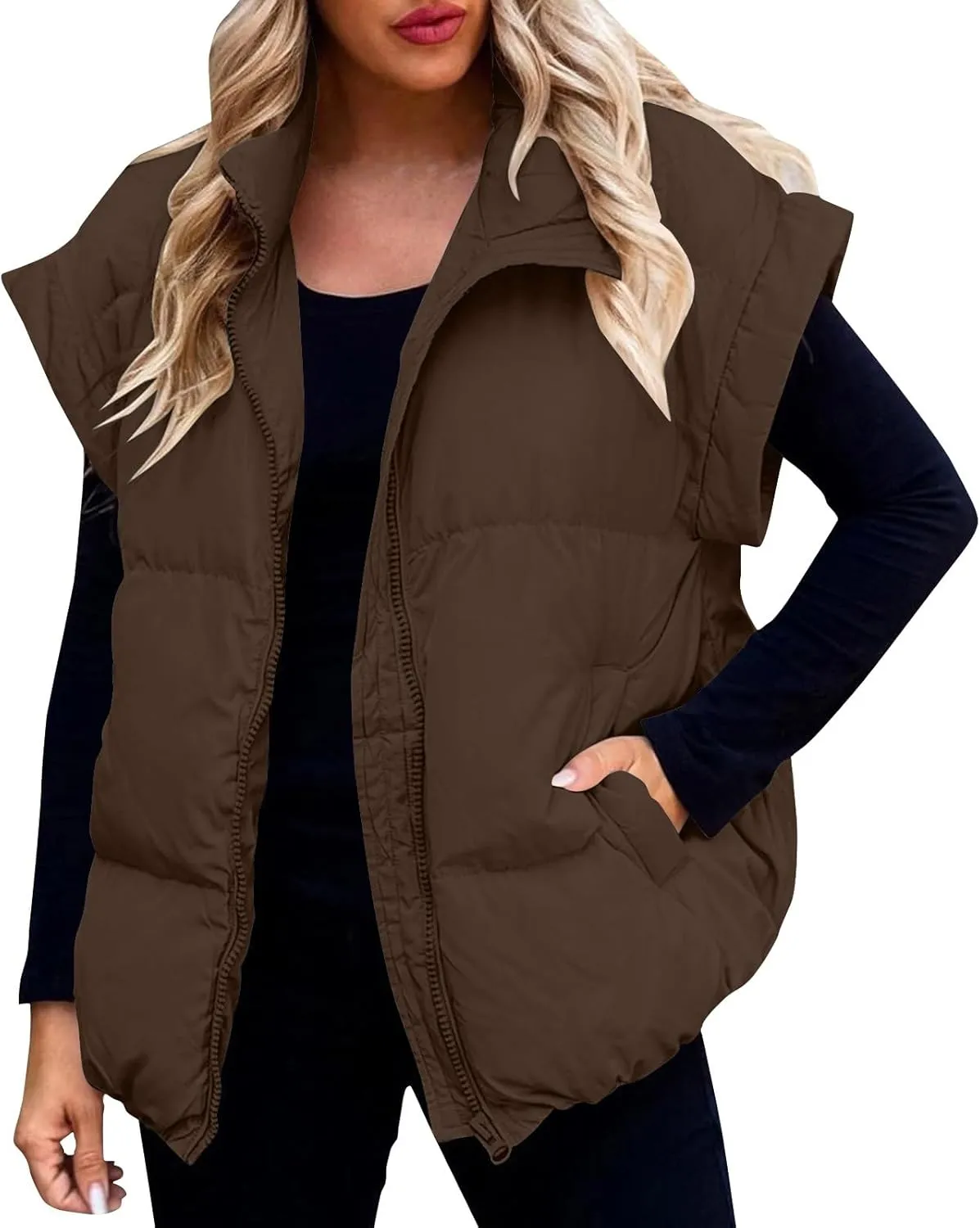 Vests For Women 2024 Trendy Fall Crop Puffer Vests Outerwear Plus Size Cap Sleeve Quilted Jacket Winter Coats