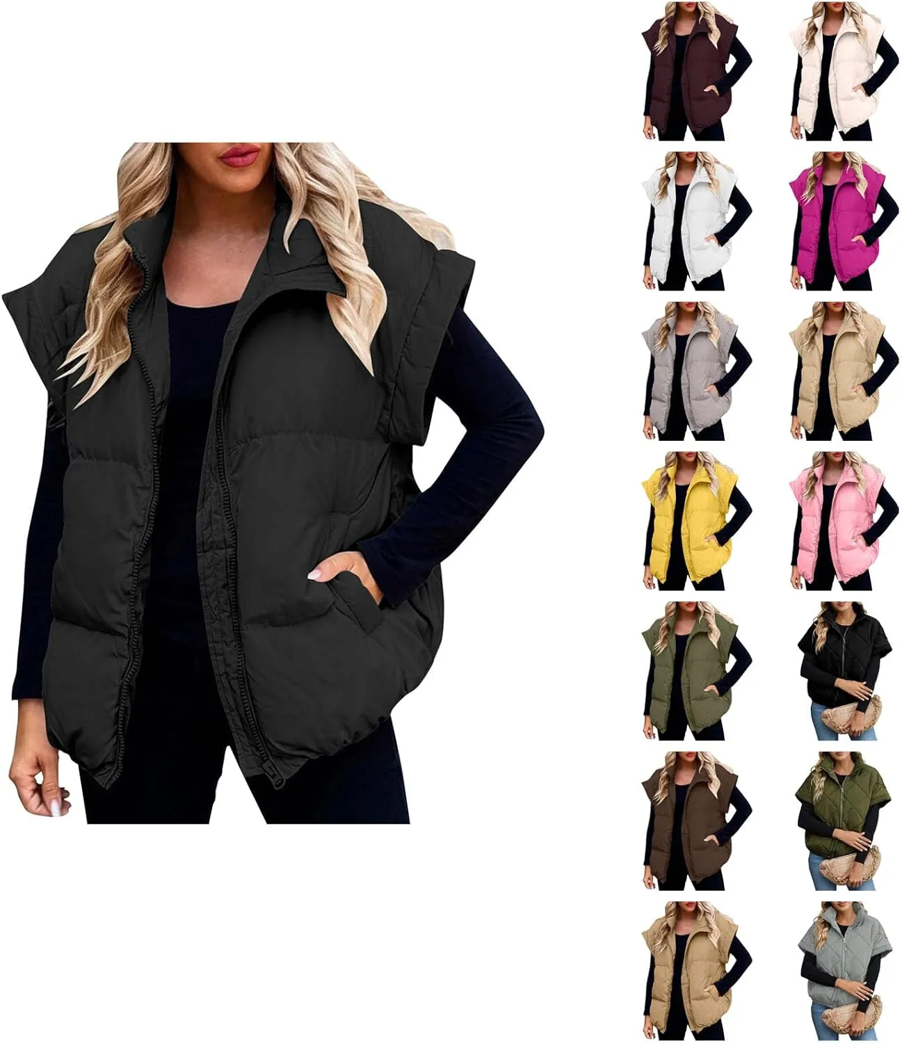 Vests For Women 2024 Trendy Fall Crop Puffer Vests Outerwear Plus Size Cap Sleeve Quilted Jacket Winter Coats