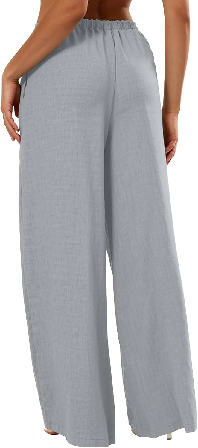 Wide Leg Linen Pants for Women Flowy Summer Pants Elastic Waist Drawstring Palazzo Pants with Pockets Beach Pants