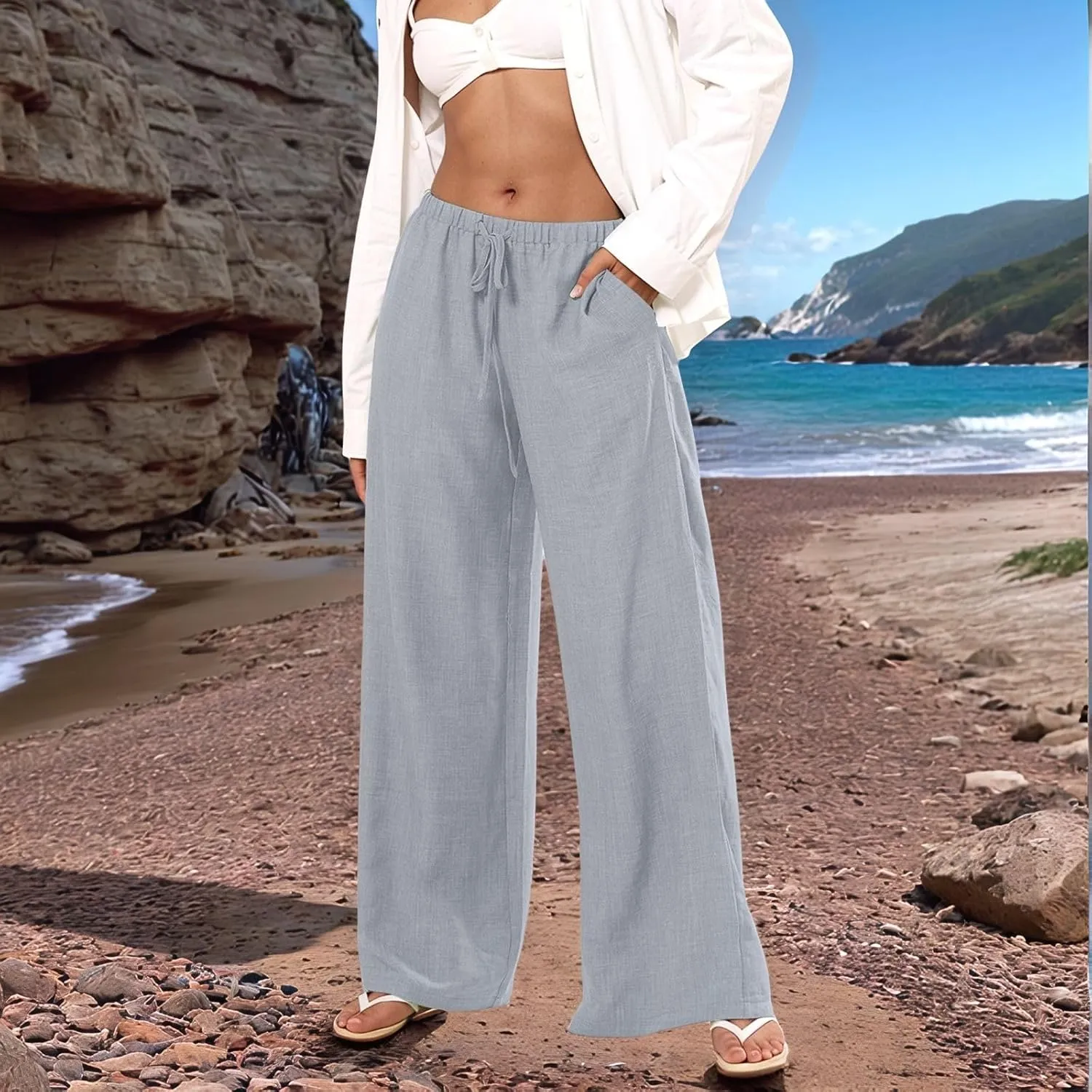 Wide Leg Linen Pants for Women Flowy Summer Pants Elastic Waist Drawstring Palazzo Pants with Pockets Beach Pants