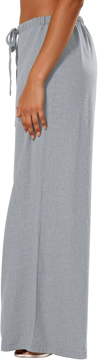 Wide Leg Linen Pants for Women Flowy Summer Pants Elastic Waist Drawstring Palazzo Pants with Pockets Beach Pants