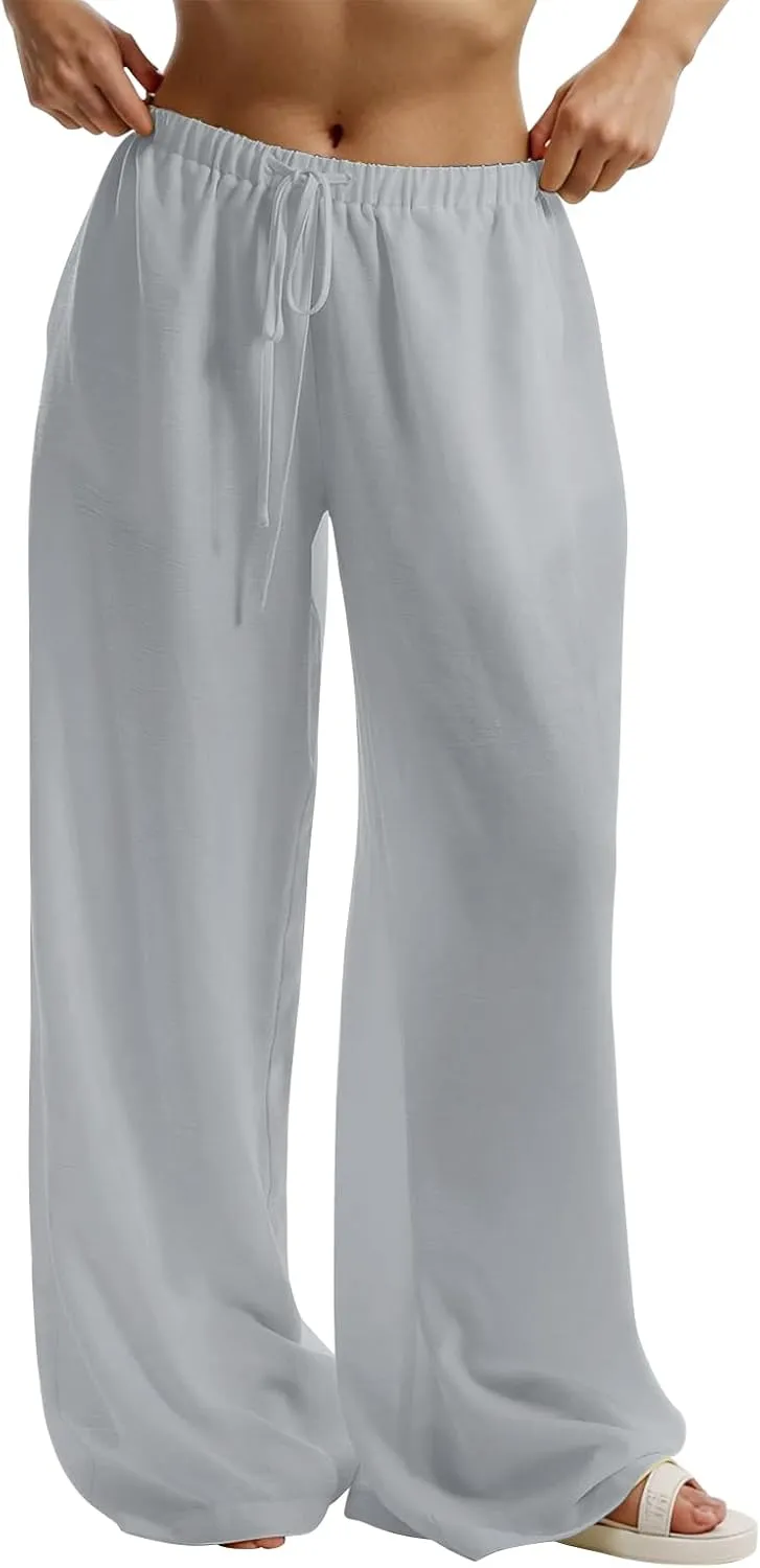 Wide Leg Linen Pants for Women Flowy Summer Pants Elastic Waist Drawstring Palazzo Pants with Pockets Beach Pants