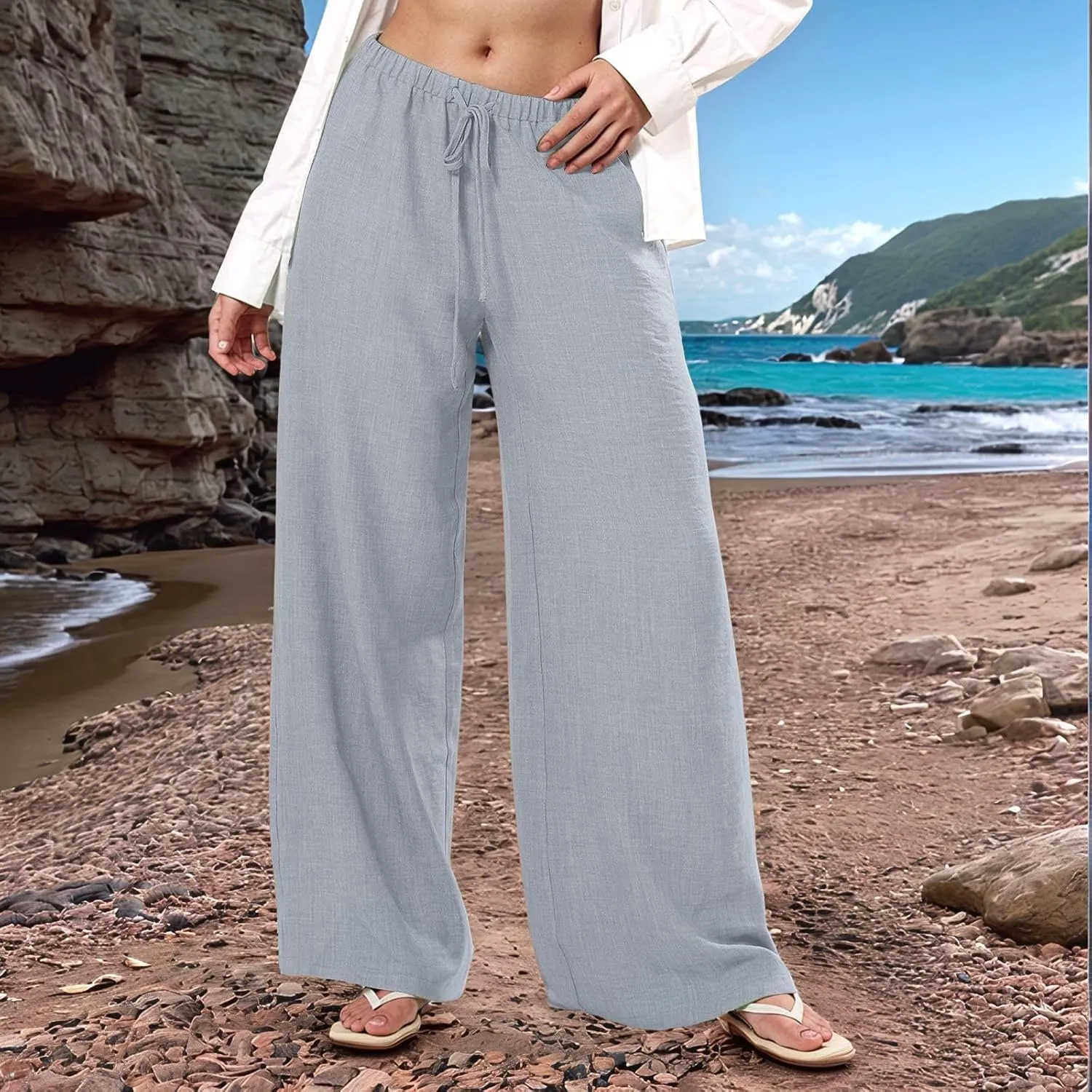 Wide Leg Linen Pants for Women Flowy Summer Pants Elastic Waist Drawstring Palazzo Pants with Pockets Beach Pants