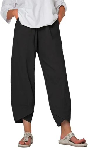 Wide Leg Pants Capri Cropped Casual Pants Summer Trendy Beach Pants with Pockets Plaid Patchwork Pants