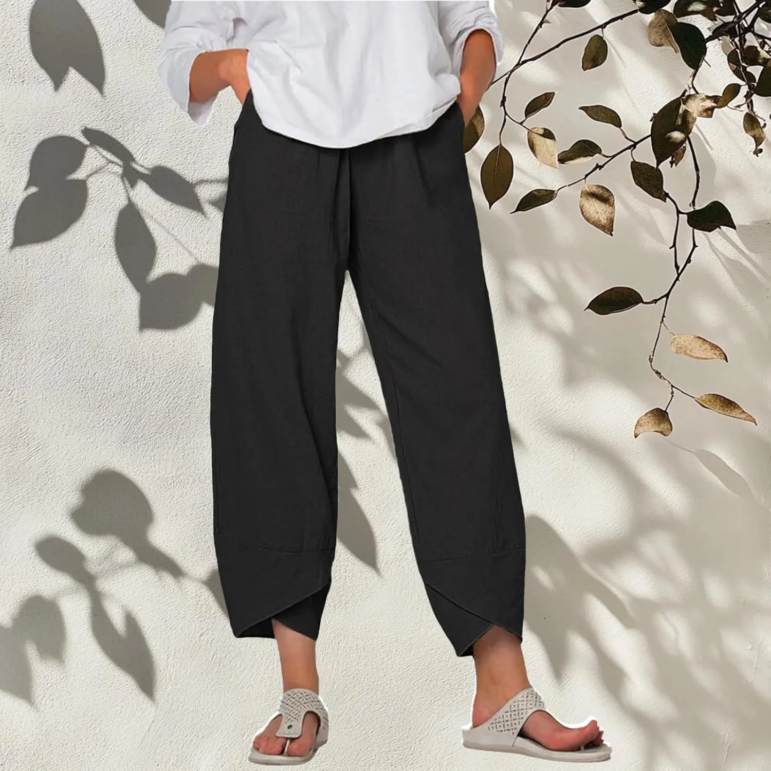 Wide Leg Pants Capri Cropped Casual Pants Summer Trendy Beach Pants with Pockets Plaid Patchwork Pants