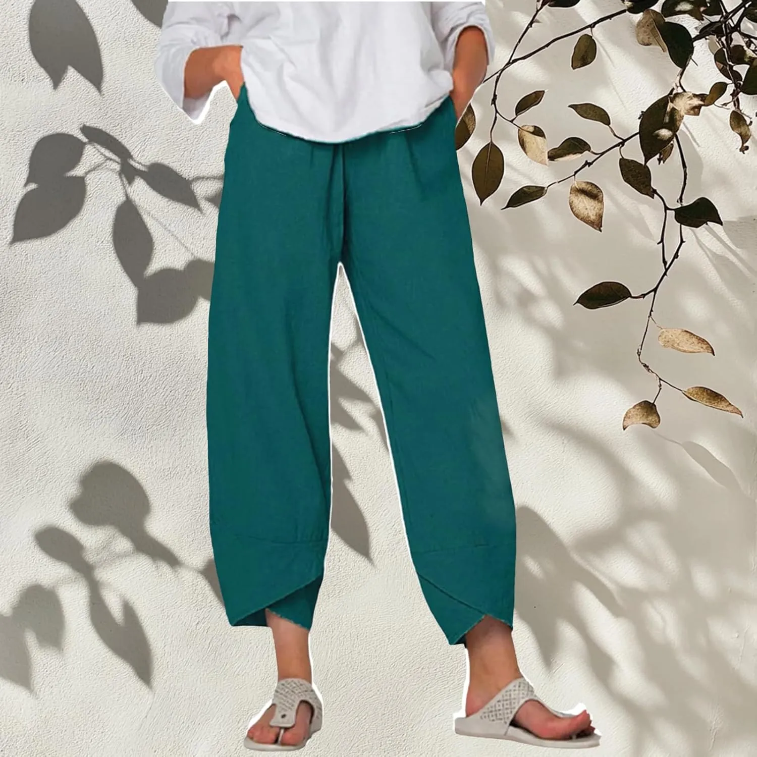 Wide Leg Pants Capri Cropped Casual Pants Summer Trendy Beach Pants with Pockets Plaid Patchwork Pants