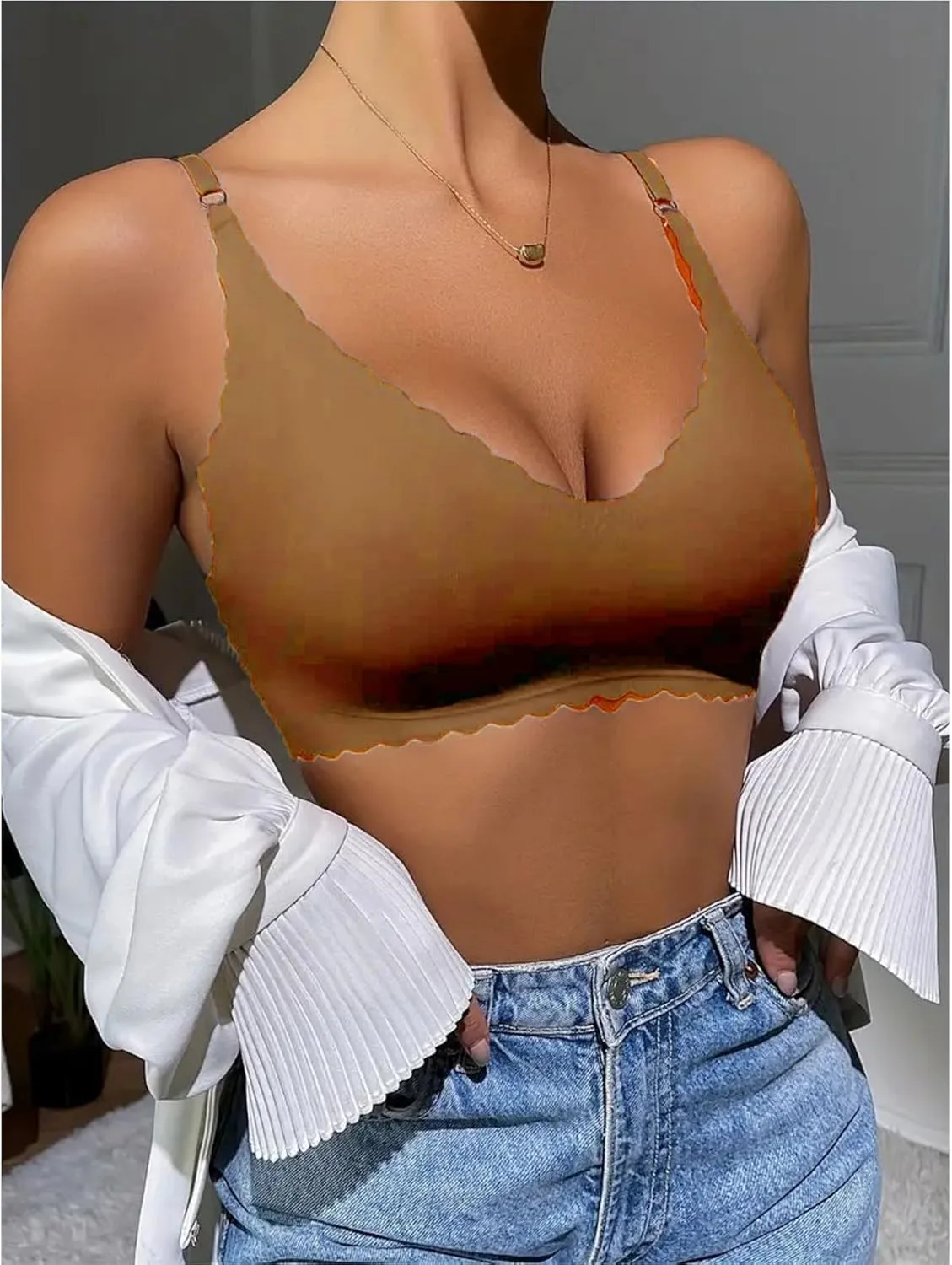 Wireless Seamless Bras for Women Comfort No Underwire Bralettes Full Coverage Comfortable Bra Comfy Wavy V Neck Bras