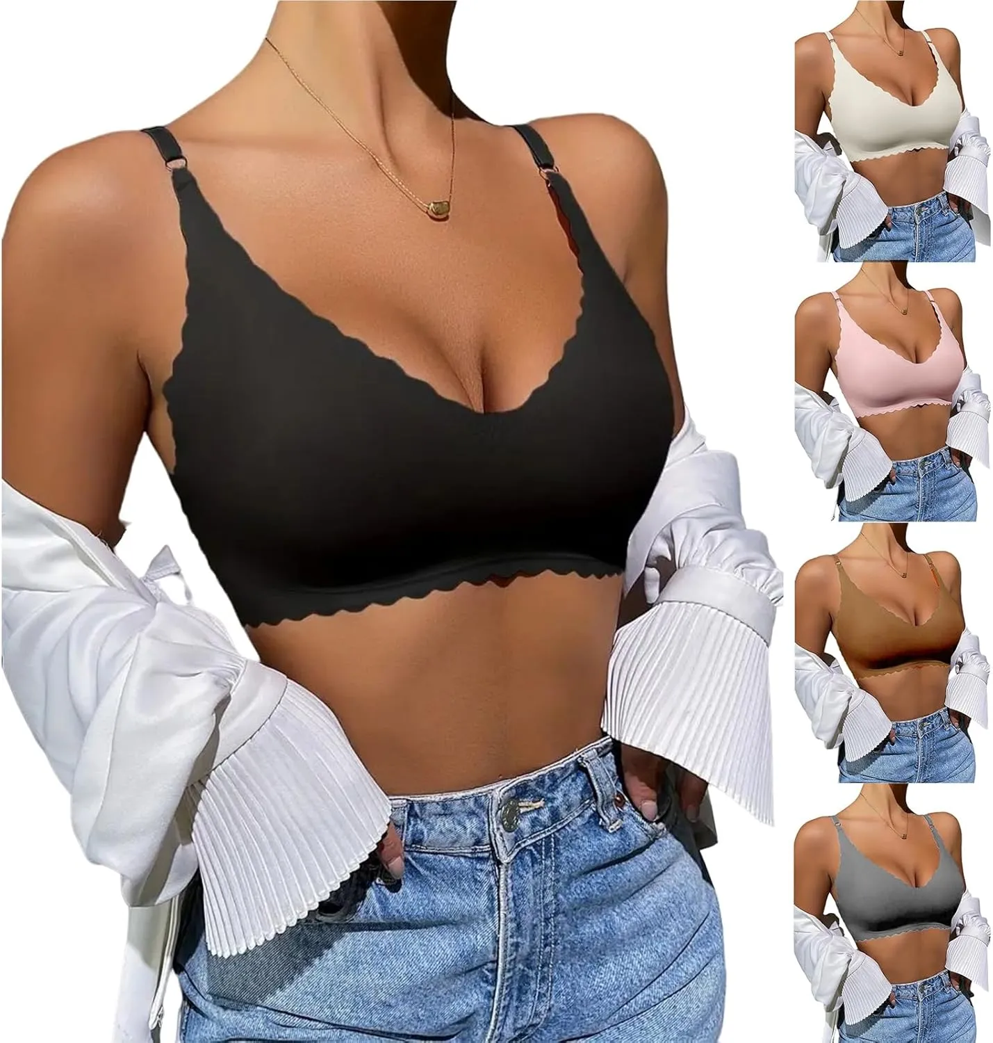 Wireless Seamless Bras for Women Comfort No Underwire Bralettes Full Coverage Comfortable Bra Comfy Wavy V Neck Bras