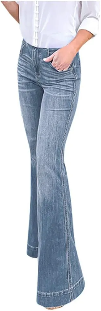 Women Bell Bottom Jeans Raw Hem Denim Pants High-Rise Flare Jeans Stretch Wide Leg Jeans Plus Size Jeans