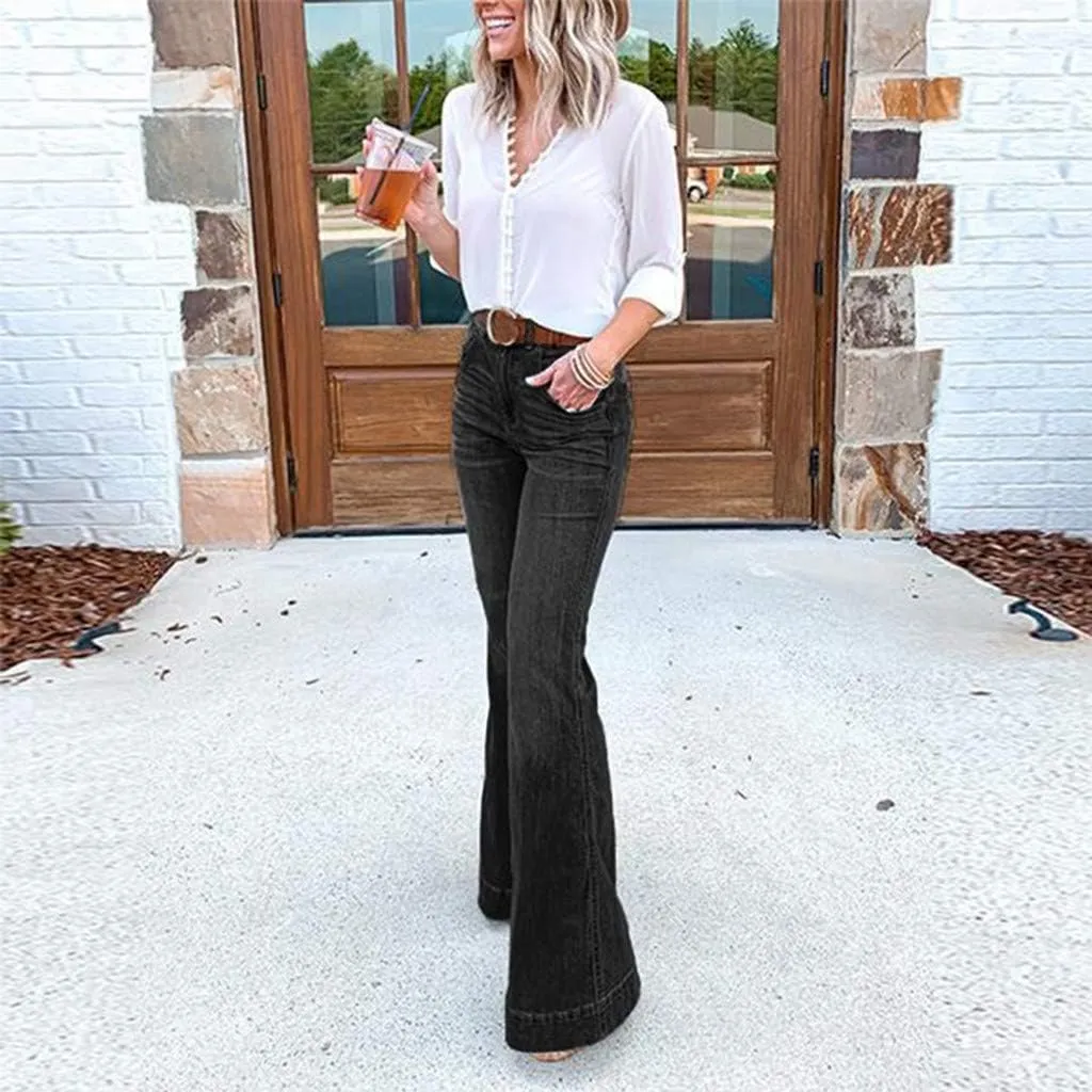 Women Bell Bottom Jeans Raw Hem Denim Pants High-Rise Flare Jeans Stretch Wide Leg Jeans Plus Size Jeans