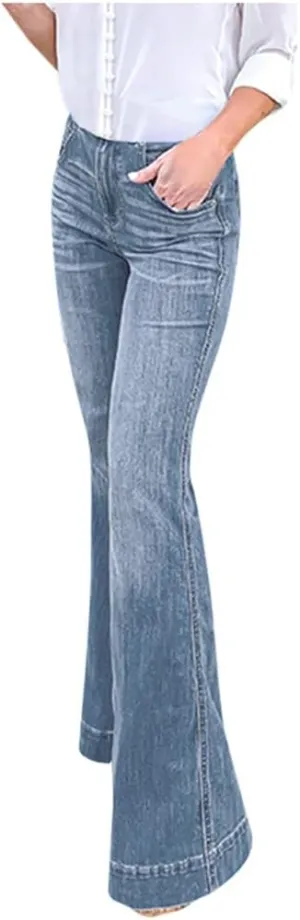 Women Bell Bottom Jeans Raw Hem Denim Pants High-Rise Flare Jeans Stretch Wide Leg Jeans Plus Size Jeans