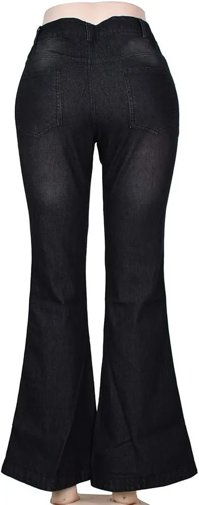 Women Bell Bottom Jeans Raw Hem Denim Pants High-Rise Flare Jeans Stretch Wide Leg Jeans Plus Size Jeans
