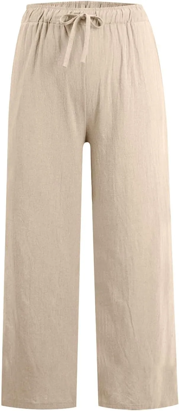 Women Fall Pants Linen Trousers Loose Fit Straight Leg Pants Casual Work Pants Drawstring Lounge Pants with Pockets