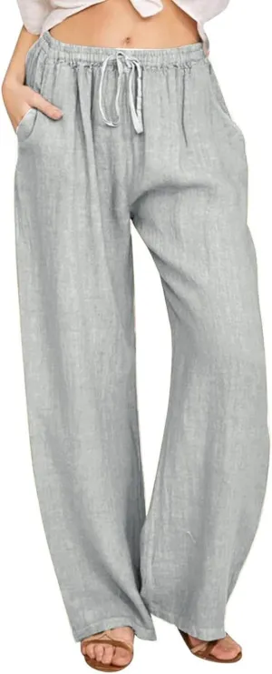 Women Fall Pants Linen Trousers Loose Fit Straight Leg Pants Casual Work Pants Drawstring Lounge Pants with Pockets