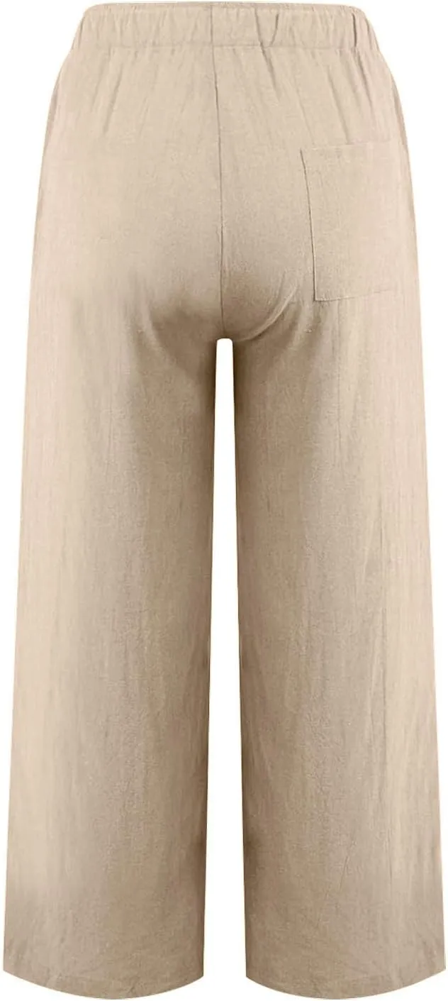 Women Fall Pants Linen Trousers Loose Fit Straight Leg Pants Casual Work Pants Drawstring Lounge Pants with Pockets
