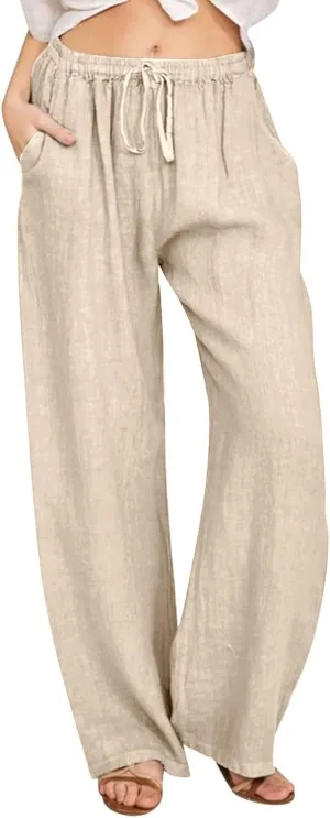 Women Fall Pants Linen Trousers Loose Fit Straight Leg Pants Casual Work Pants Drawstring Lounge Pants with Pockets