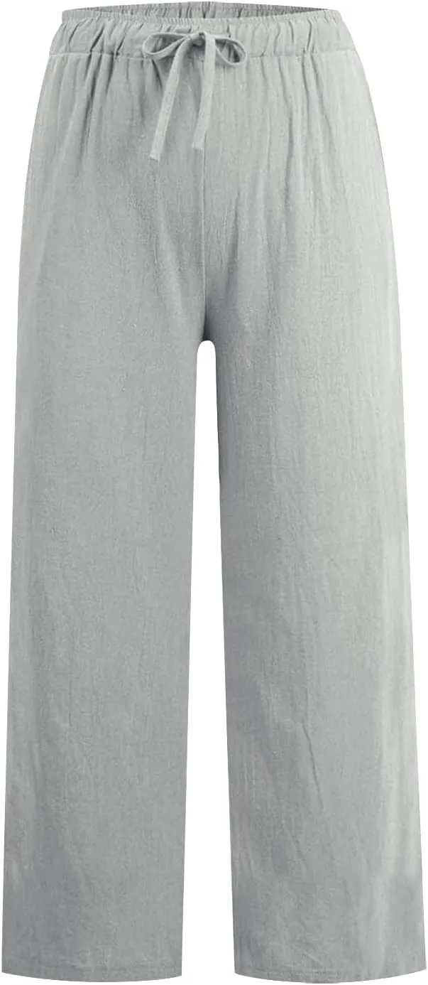 Women Fall Pants Linen Trousers Loose Fit Straight Leg Pants Casual Work Pants Drawstring Lounge Pants with Pockets