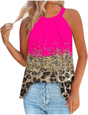 Women Fashion Halter Neck Printed Tank Tops Loose Pullover Blouse Summer Casual Round Neck Strap Tops